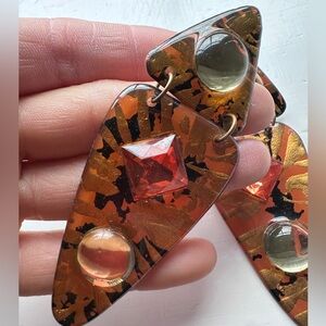 Vtg Designer Bruce Tolman Huge Oversized Dangle Earrings Yellow Orange Clip-ons